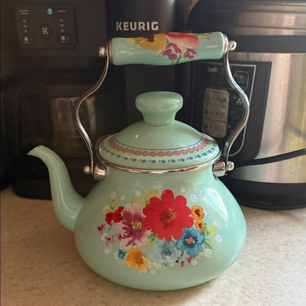 The Pioneer Woman Mint Green Floral kettle pot with Decorative Handle